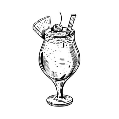 El çizimi siyah Pino colada kokteyli. Klasik gerçekçi taslak.
