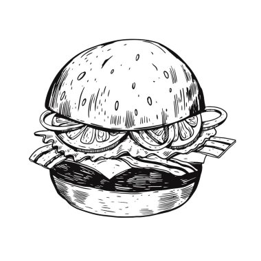 El yapımı burger. Gerçekçi bir eskiz. Siyah renk vektör illüstrasyonu.