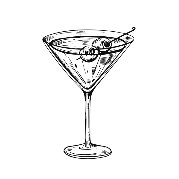 Elle çizilmiş siyah Martini kokteyli. Gerçekçi taslak vektör çizimi.