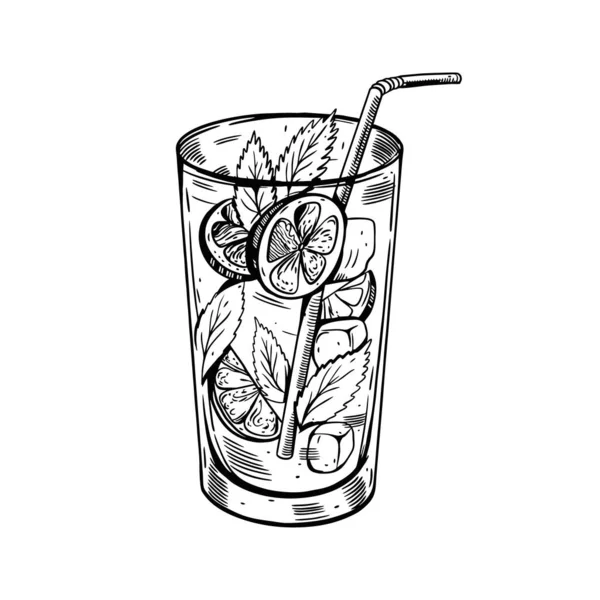 Handgezeichneter schwarzer Mojito-Cocktail. Realistische Vektorillustration im Retro-Stil. — Stockvektor