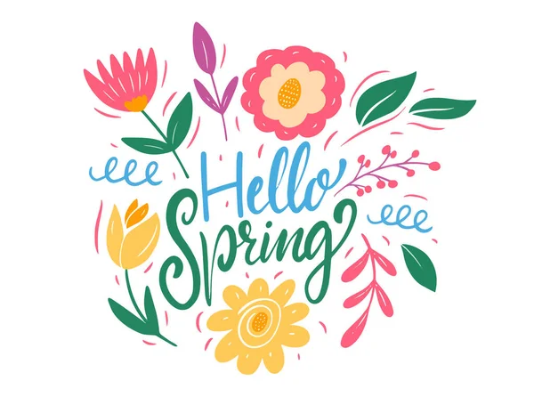 Merhaba Bahar harfleri ve renkli çiçekler. Düz biçim vektör illüstrasyonu. — Stok Vektör