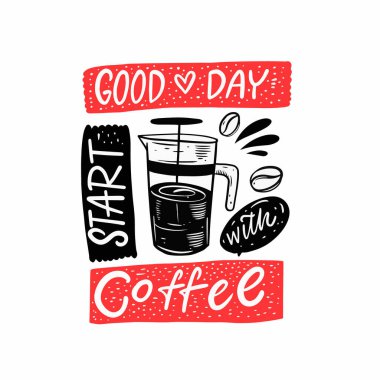 İyi günler. Kahveye başlayın. El çizimi İskandinav harfleri. Siyah ve kırmızı renkler.