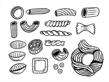 Makarna el çizimi karalama seti. Siyah renkli vintage biçimi.