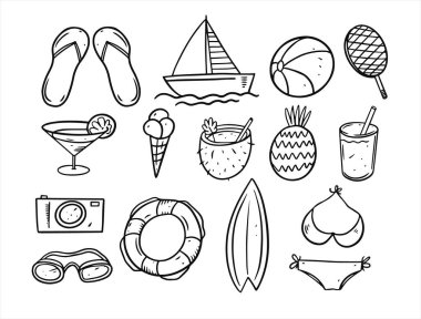 El çizimi yaz skeci. Doodle kümesi ögeleri.