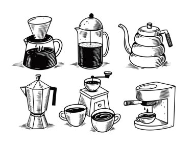 Kahveci kahve aletleri karalama seti. El çizimi siyah renk çizimi.