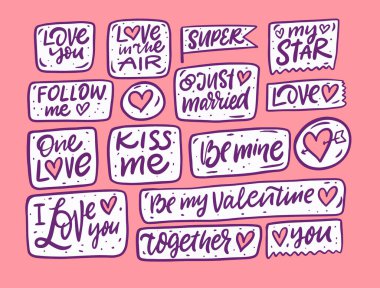 El yapımı aşk ve romantik ifade seti. Çizim çıkartmalarını karala.