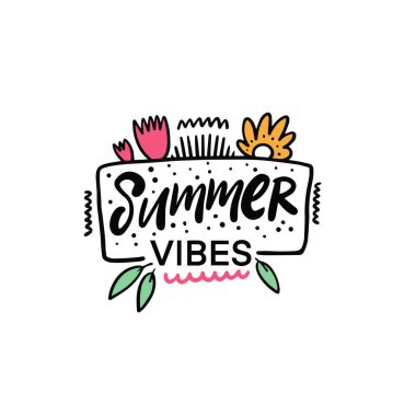 Summer Vibes harfleri. El çizimi renkli vektör illüstrasyonu.