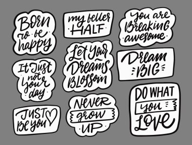 Motivasyon harfleri ayarlandı. El çizimi yazı. Siyah renk.