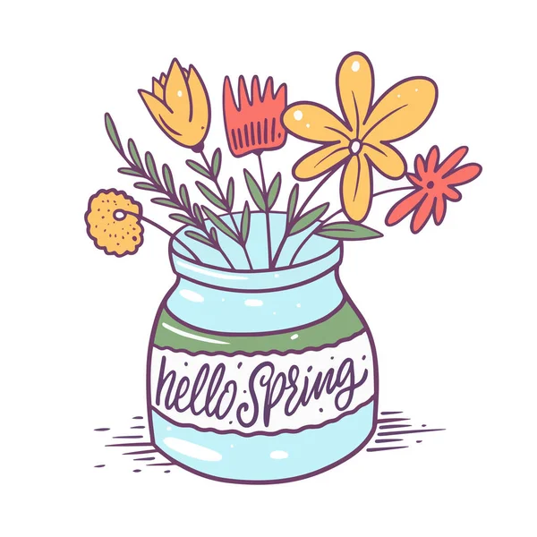 Witam Wiosenne napisy i kwiaty kolorowe w okularach. Ilustracja wektora narysowanego ręcznie. — Wektor stockowy