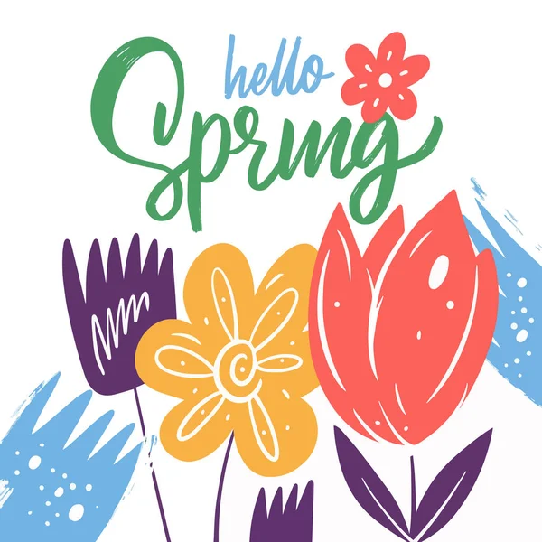 Witam wiosenne zdanie. Ręcznie rysowane kolorowe wektor kwiat ilustracja. — Wektor stockowy