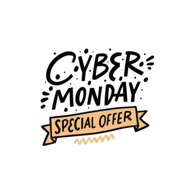 Siber Pazartesi özel teklifi. El çizimi renkli kutlama metni. Harf cümlesi.