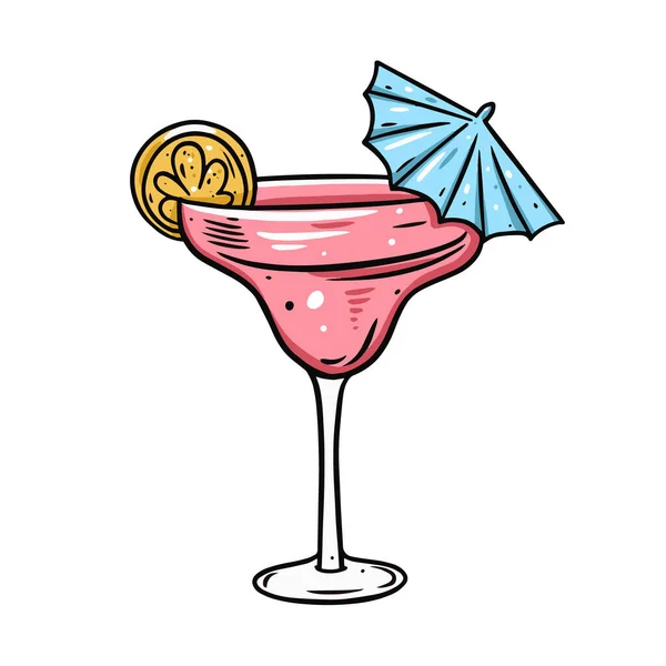 Cocktail Margarita rose. Ligne dessinée à la main style dessin animé. Illustration vectorielle colorée. — Image vectorielle
