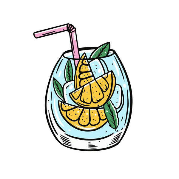 Gin Tonic met de hand getekend omtrek cocktail. Kleurrijke tekenfilmstijl. Vector illustratie. Cocktail met citroen en munt. — Stockvector