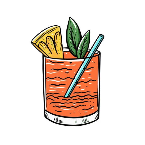 Cóctel naranja con piña y menta. Esquema dibujado a mano estilo de dibujos animados. — Vector de stock
