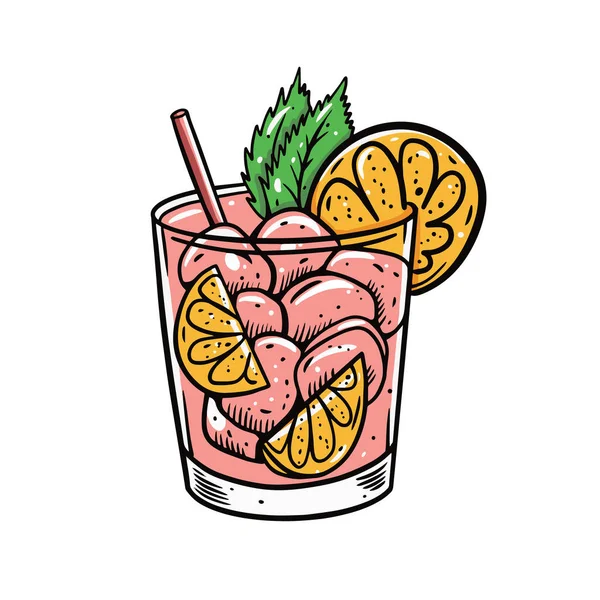 Gin and tonic pink cocktail. Hand drawn line art style. Cartoon vector illustration. — Stock Vector