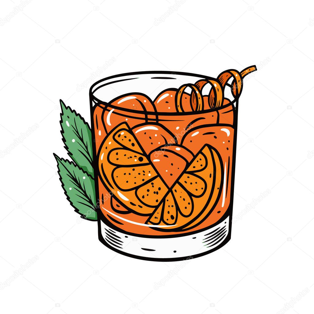 Old fashioned cocktail. Hand drawn colorful outline cartoon style.