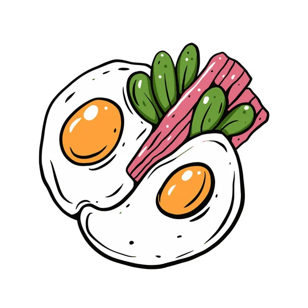 Dos huevos fritos y tocino. Línea de arte estilo de dibujos animados. Ilustración vectorial colorida. — Vector de stock