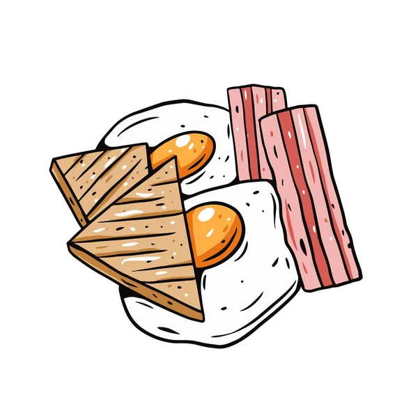 Gebakken eieren, spek en toast. Met de hand getekend kleurrijke vector illustratie. contouren cartoon stijl. — Stockvector