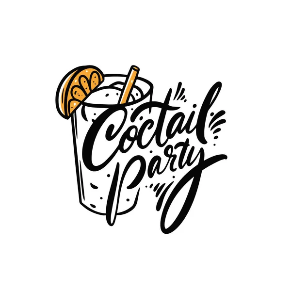 Uma festa de cocktails. Desenho à mão colorido desenho animado ilustração vetorial. Linha de arte e letras. — Vetor de Stock