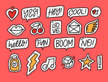 Büyük set çıkartmaları ve simgesi. Renkli vektör illüstrasyonu.