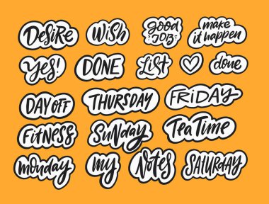 Çıkartmalar ay için harfleri belirledi. El çizimi siyah hat yazısı metni.