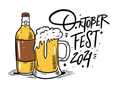 Oktoberfest eli renkli çizgi film stili çizdi. Bira şişesi ve cam. Kaligrafi metni.