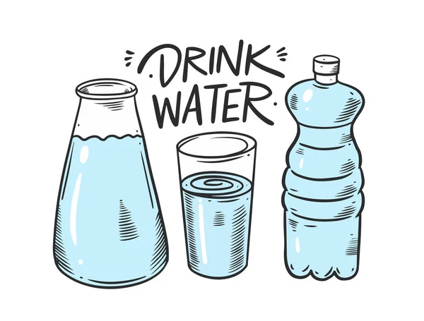 水のボトルセットを飲む。手描き線画ベクトルイラスト. — ストックベクタ