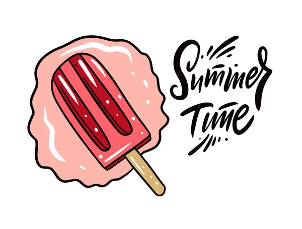 Schriftzug Sommerzeit. Pinkfarbenes Eis. Handgezeichnete Linie Kunst Cartoon-Stil. — Stockvektor