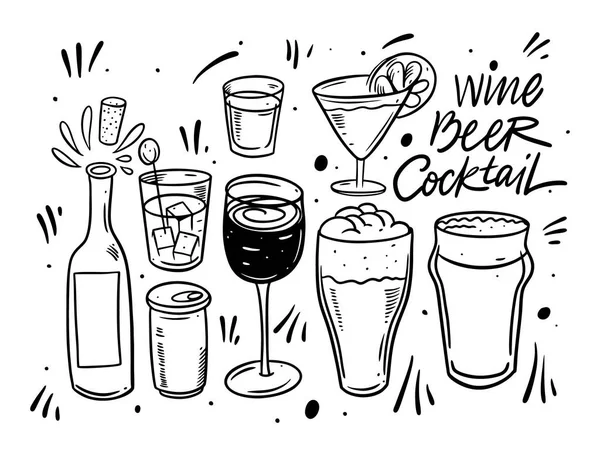 Handgezeichnete schwarze Farbe Cocktails Glas-Set. Doodle-Vektorillustration. — Stockvektor