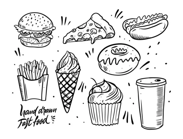 Illustrazione vettoriale di fast food disegnata a mano. Colore nero stile cartone animato. — Vettoriale Stock