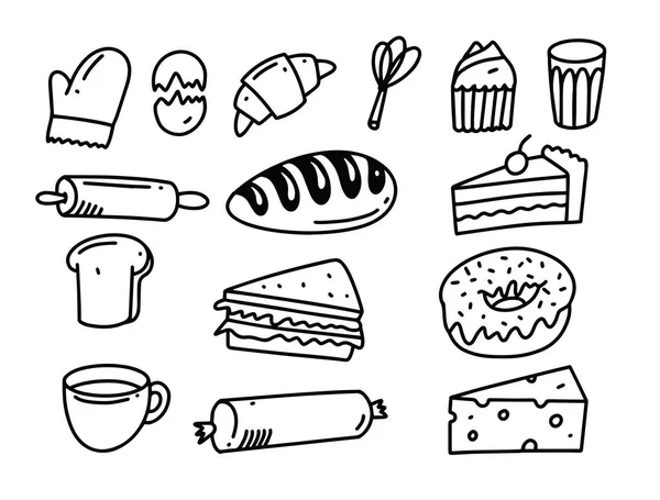 Hand drawn bakery and food elements set. Black color signs vector illustration. — Stock Vector