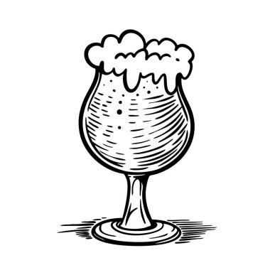 Elle çizilmiş yuvarlak bira bardağı. Kalın köpüklü, klasik oyma stili. Pub markalı menüler ve alkol etiketleri için siyah beyaz illüstrasyon.