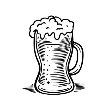 Siyah-beyaz bira bardağı, sapı ve köpüğüyle çizilmiş. Bar menüleri, bira fabrikası markaları, posterler, etiketler ve bar dekorasyonu için klasik gravür stili çizimi.