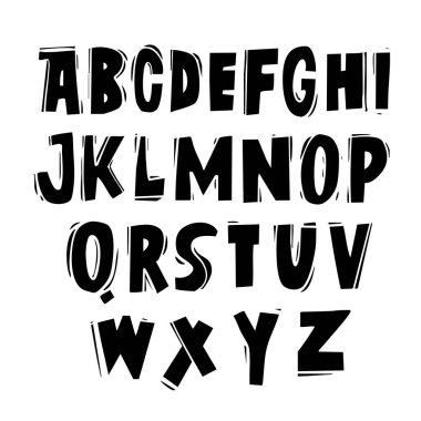 Elle çizilmiş alfabe yazı tipi ve kalın düzensiz harfler. Çocuk projelerini ve dekoratif tasarımları damgalayan amblem posterleri için yaratıcı tipografi seti.