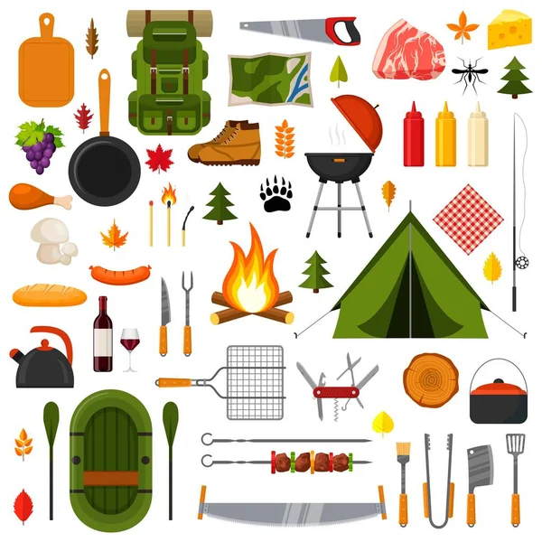 Camping and hiking elements. Forest hike icon set. Camp gear backpacker collection tourist tent, backpack, food, barbecue, boat, shoes, campfire and other camping equipment. Wanderlust scout adventure — Stock Vector