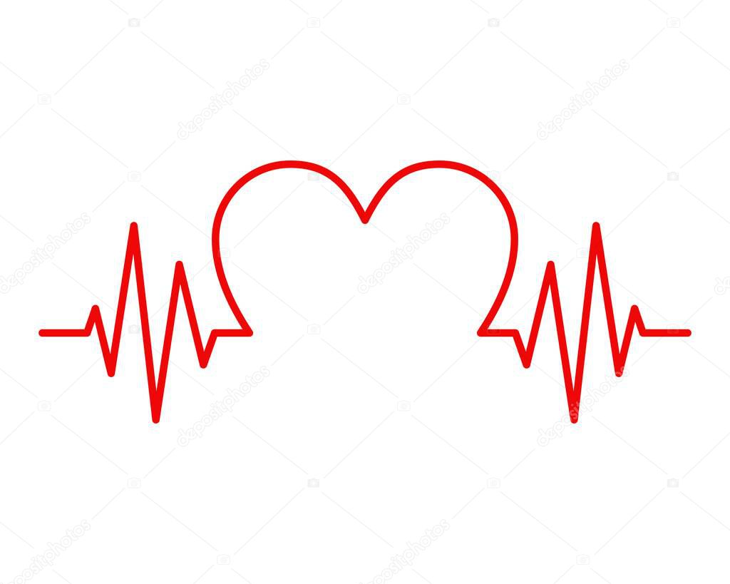 Red heartbeat with heart shape isolated on white background. Pulse heart icon. Vector illustration