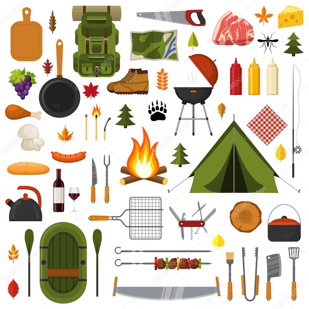 Camping and hiking elements. Forest hike icon set. Camp gear backpacker collection tourist tent, backpack, food, barbecue, boat, shoes, campfire and other camping equipment. Wanderlust scout adventure