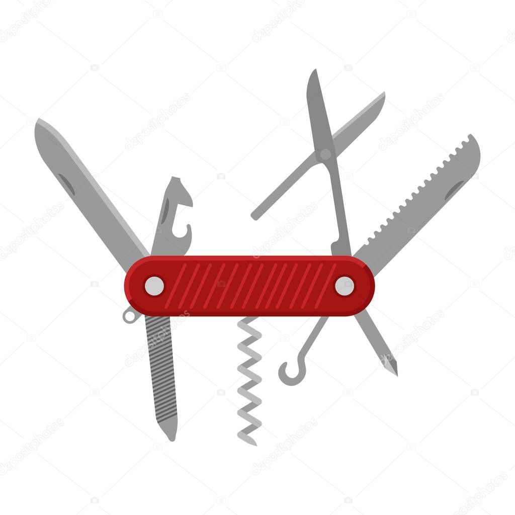 Knife pocketknife or multi-tool isolated on white background. Knife has a main spearpoint blade, screwdrivers, a can opener, corkscrew, scissors and various tools. Vector illustration.