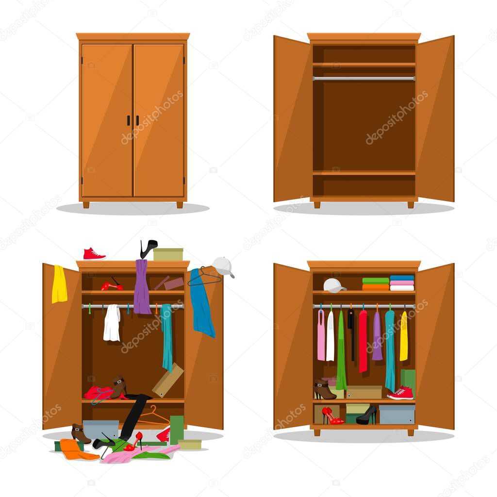 Close and open wardrobe set, before untidy and after tidy wardrobe with mess clothes. Closet with clothes, dresses, shirts, boxes and shoes. Natural wooden Furniture set. Vector illustration