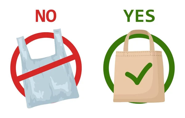 Pollution problem concept. Plastic bag and eco bag isolated on white background. Say no to plastic bags, bring your own textile bag. Signage calling for stop using disposable polythene package. — Stock Vector