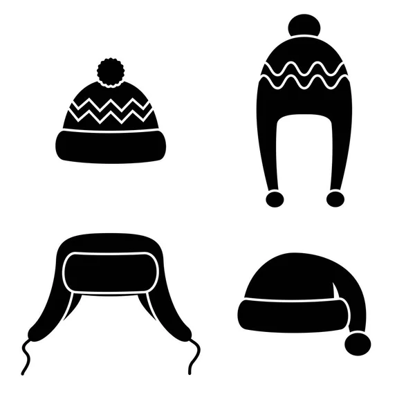 Winter hoeden set zwarte pictogrammen geïsoleerd op witte achtergrond. Hoofddeksels en mutsen breien bij koud weer. Buitenkleding. Vectorillustratie — Stockvector