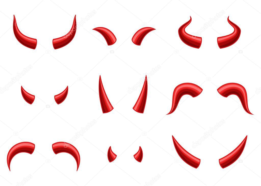 Set of Devil horns isolated on white background, Red devil demon satan horn. Monster symbol. Vector illustration