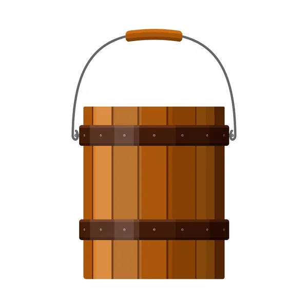 Balde de madeira com alça e cintas de metal isolado no fundo branco. Ícone de balde de madeira rústica. Ilustração vetorial — Vetor de Stock