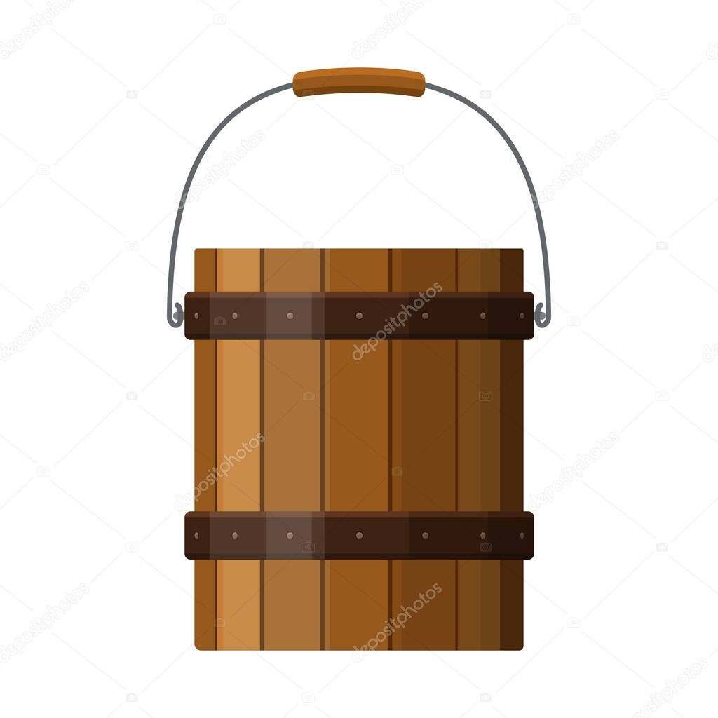 Wooden bucket with handle and metal strapping isolated on white background. Rustic wood pail icon. Vector illustration