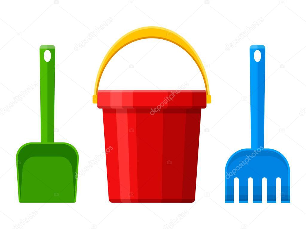 Red baby bucket, spade and rake isolated on white background. Toys set for children sandbox and playground, little bucket and shovel. Vector illustration