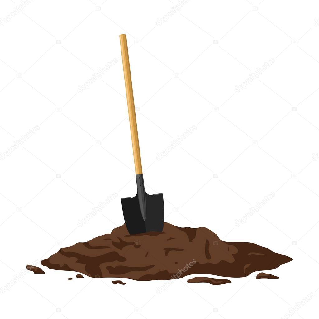 Shovel in a pile of soil isolated on white background. Work tool for outdoor activities, digging, gardening. Construction equipment in heap of dirt. Vector illustration