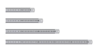 Metal cetvel ölçüm aracı beyaz arkaplanda izole edildi. 15, 20, 30, 50 santimetrelik cetvel. Ölçüm aleti, okul metalik inç cetvel ölçüm aletleri geometrik ekipmanlar. Vektör