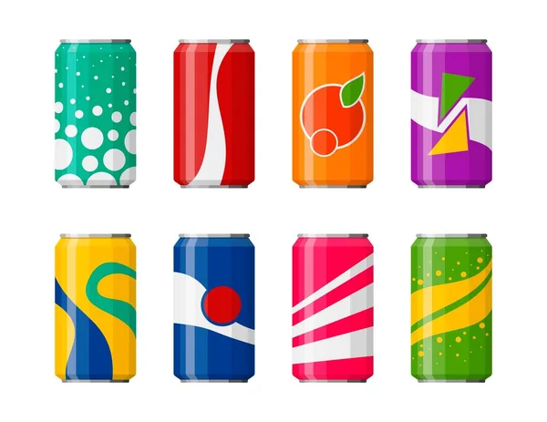 Soda in colored aluminum cans set icons isolated on white background. Soft drinks sign. Carbonated non-alcoholic water with different flavors. Drinks in colored packaging. Vector illustration — Stock Vector