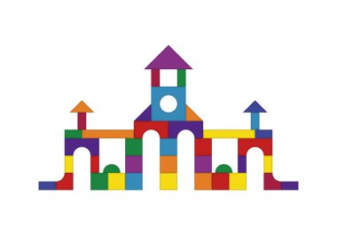 Çok renkli ahşap çocuklar oyuncak yapım setini engelliyor. Çocuk kulesi, kale, ev inşaatı için tuğla parçaları. İnşaat ve oyun için eğitim oyuncakları. Vektör illüstrasyonu