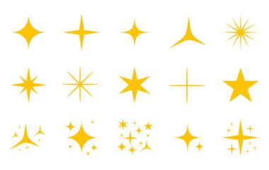 Sarı, altın parıltılı simgeler beyaz arkaplanda izole edilmiş. Parlak havai fişek, dekorasyon pırıltısı, parlak ışık. Parlayan ışık efektleri ve patlamalar koleksiyonu. Vektör illüstrasyonu